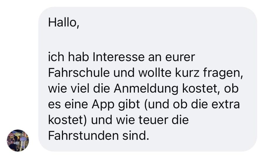 Anfrage zu Anmeldung, App und Fahrstunden